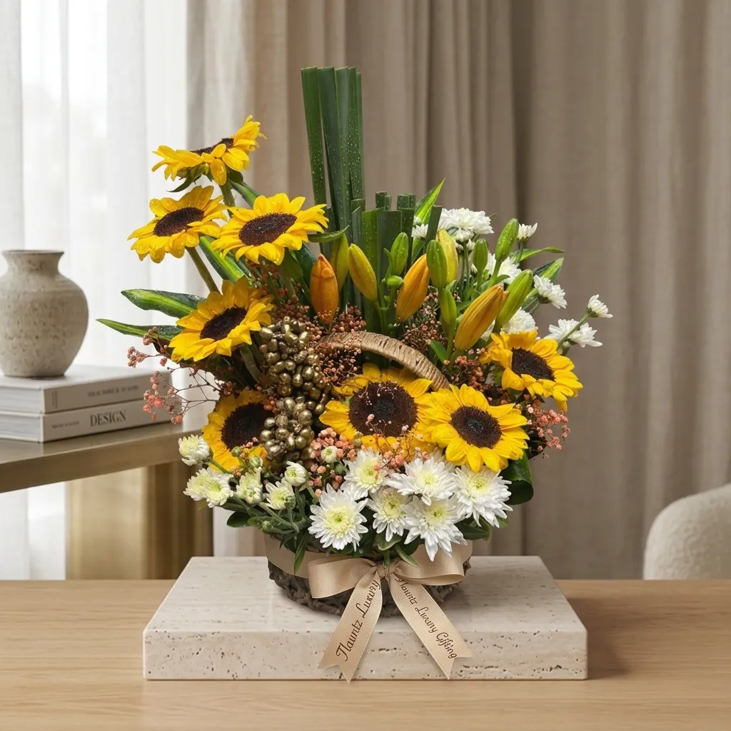 FLG06 Sunflower in English Garden Basket - Image 1