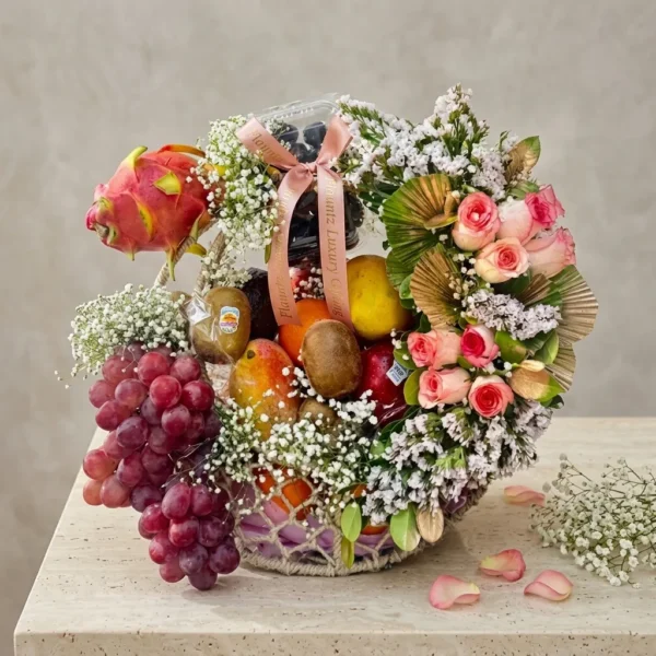 Luxury Mix Fruits with Flowers in Moon Basket
