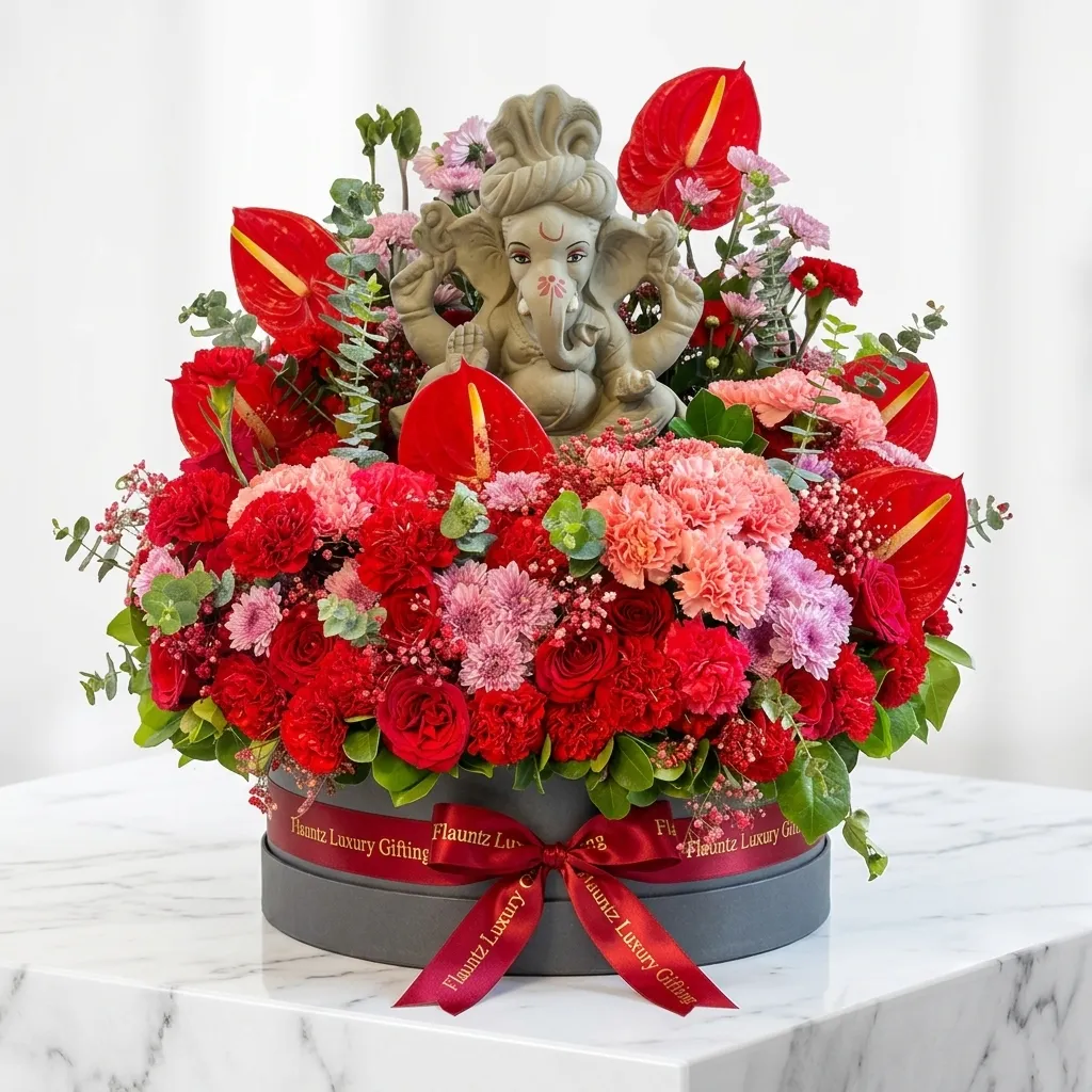 FLG123 Red Theme Flower's with Ganesh ji in Box - Image 1