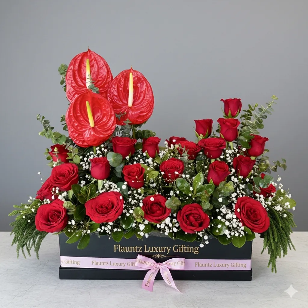 FLG131 Red Rose's & Anthurium in Box - Image 1