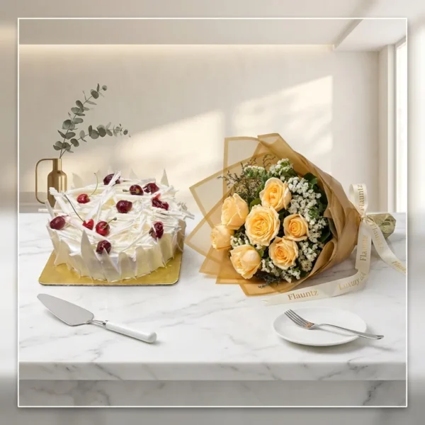 White Forest Cake & Peach Rose Bunch