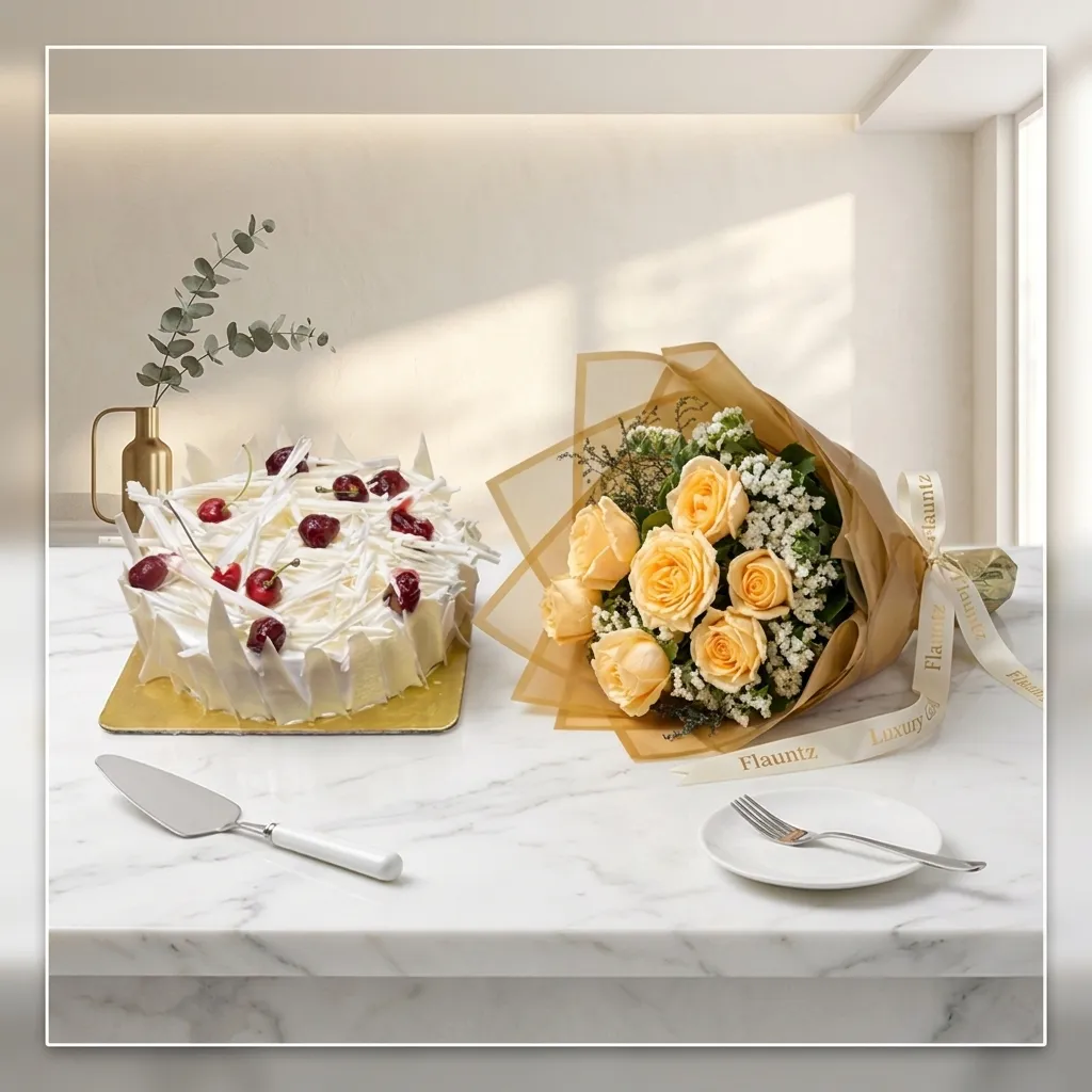 FLG15 White Forest Cake & Peach Rose Bunch - Image 1