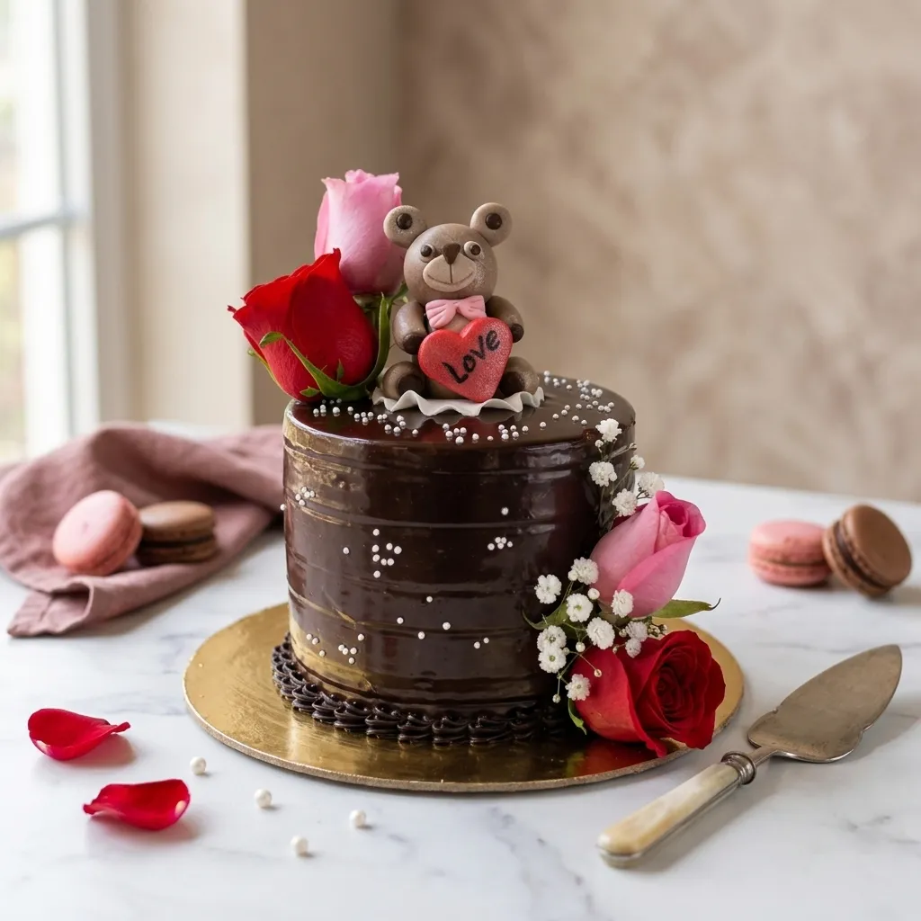 FLG239 Chocolate Cake with Teddy & Rose - Image 1