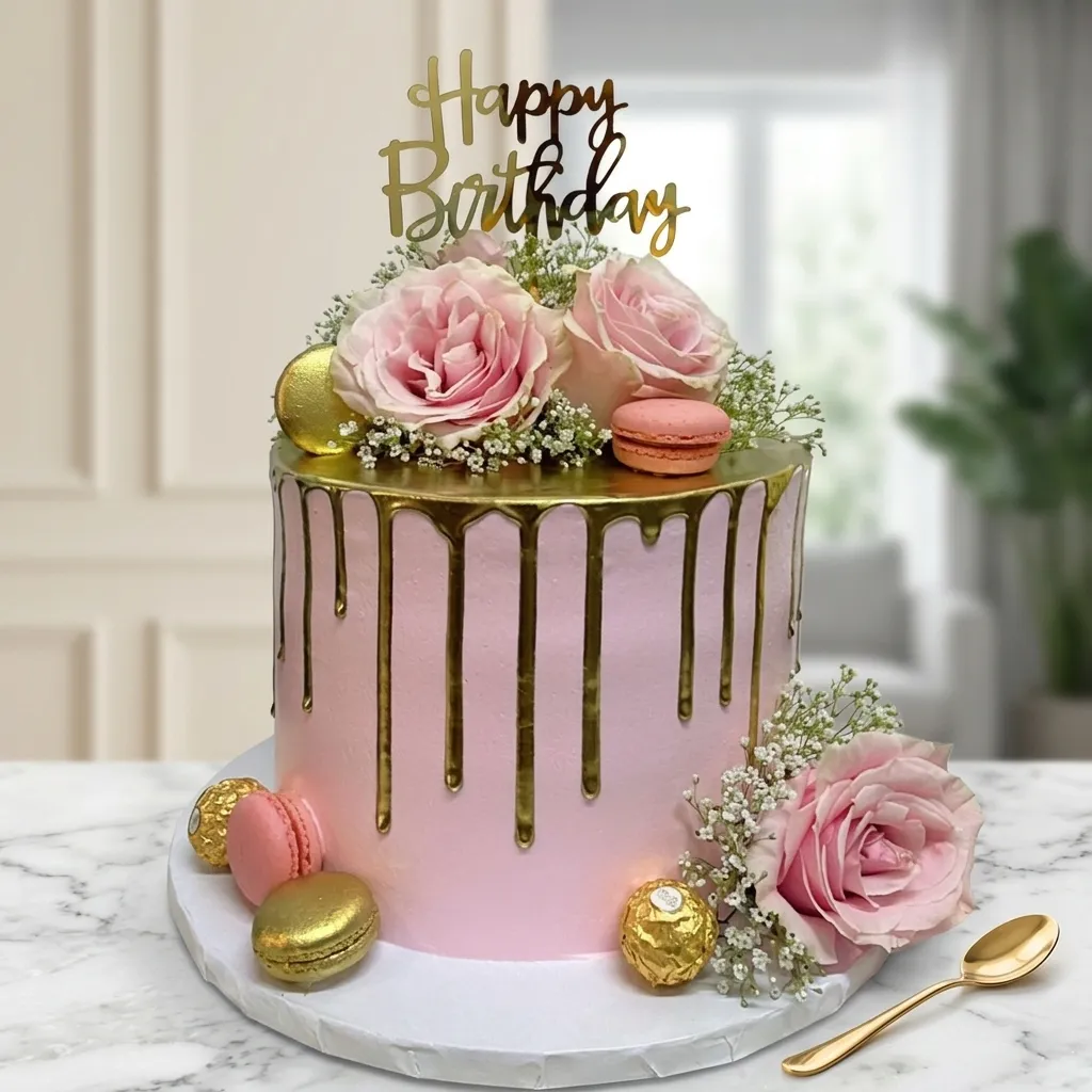 FLG254 Macron & Rose Theme Chocolate Cake - Image 1