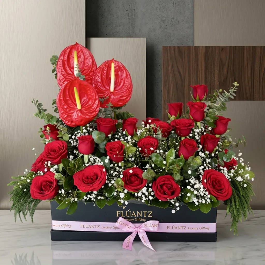 FLG320 Red Rose's & Red Anthurium in Big Box - Image 1