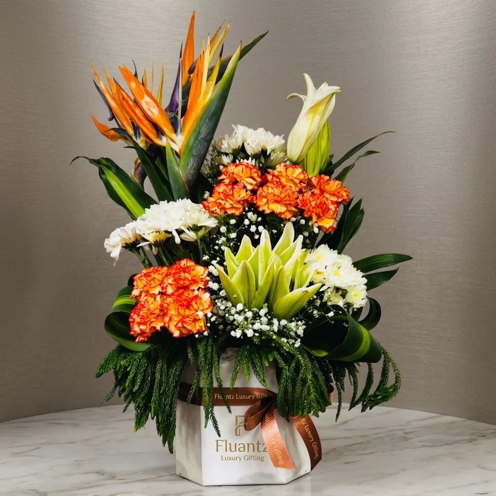 FLG322 Orange Carnation with White Lille with BOP in Box - Image 1