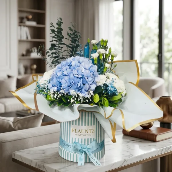 Blue Hydeneria with Spray Carnation in Box