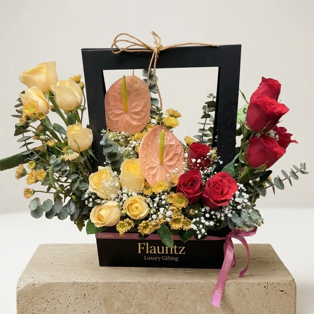 FLG333 Mix Rose's with Anthurium in Handle Bag - Image 1