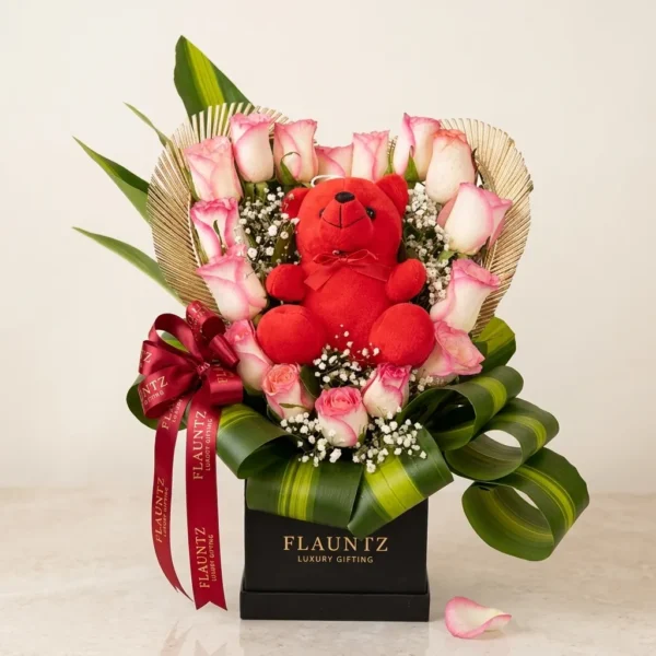 Heart Shape Arrangmnet with Teddy in Box