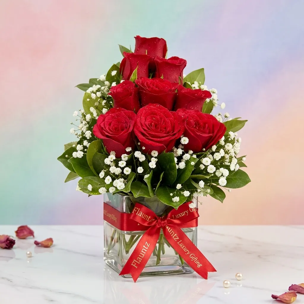 FLG57 Red Rose's in Glass Vase - Image 1