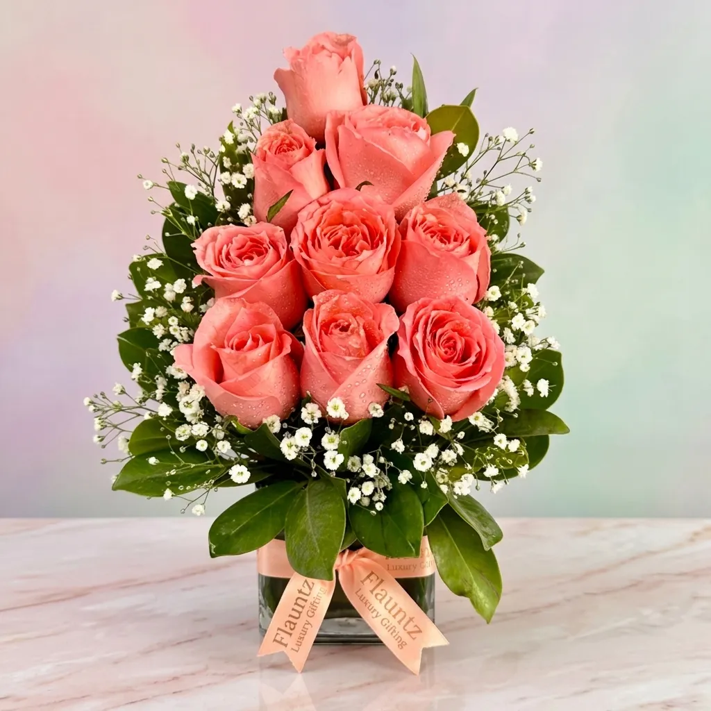 FLG60 Pink Rose's in Glass Vase - Image 1