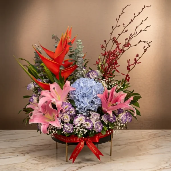 Exotic Mix Flowers in Metal Base