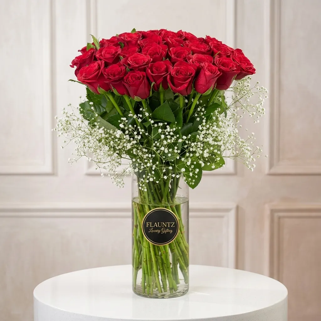 pr_14_Jul_2026_FLG163 Red Rose's in Glass Vase - Image 1