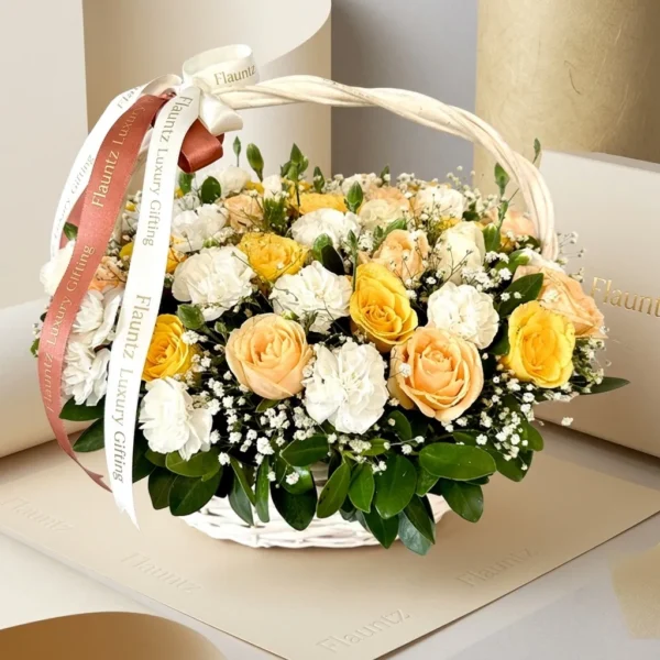 Yellow & White Rose in Basket