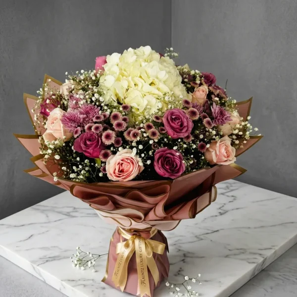 White Hydengeria & Roses Bunch