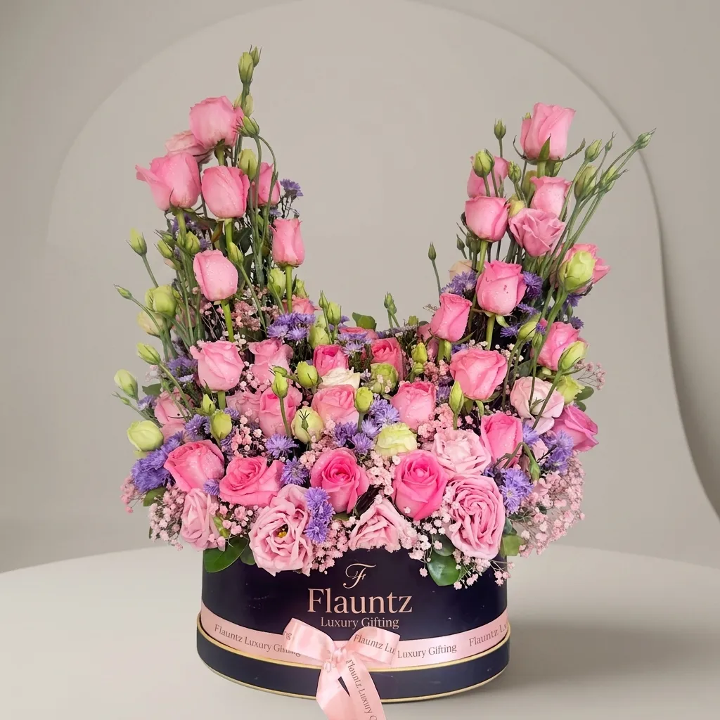pr_23_Jul_2026_FLG343 Pink Roses Mix Theme Flowers in Box - Image 1