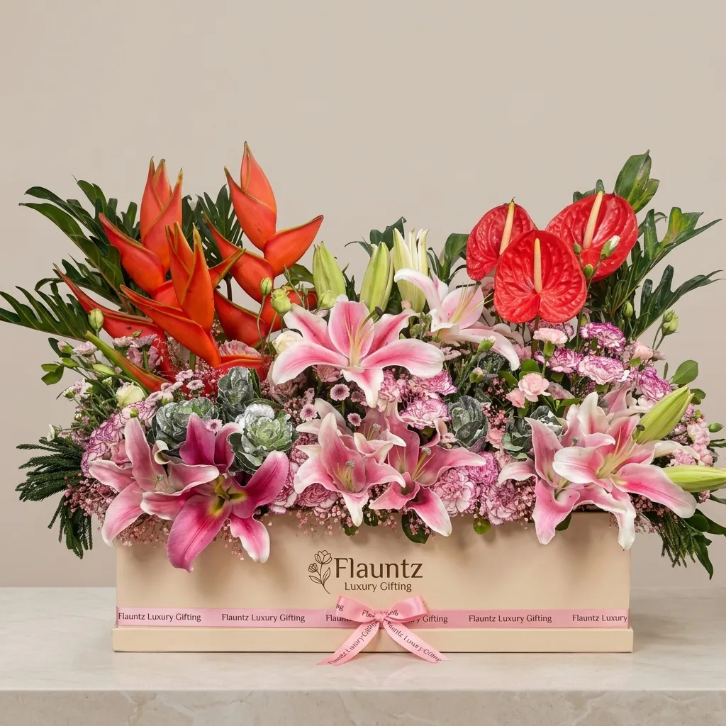 pr_23_Jul_2026_FLG344 Luxury Exotic Mix Flower's in Box ( Lille's , Helliconica & Anthurium) - Image 1