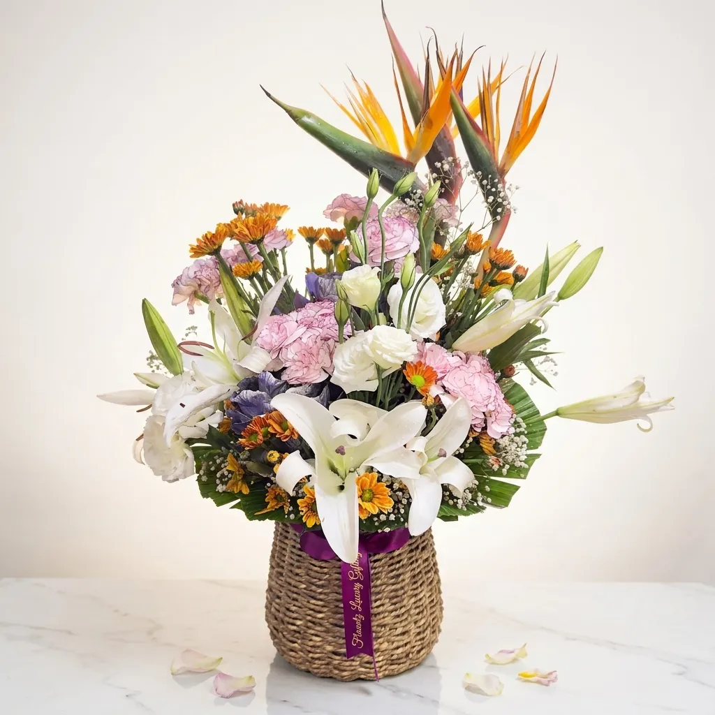 pr_10_Aug_2026_FLG366 Exotic Floral Woven Basket Arrangement - Image 1