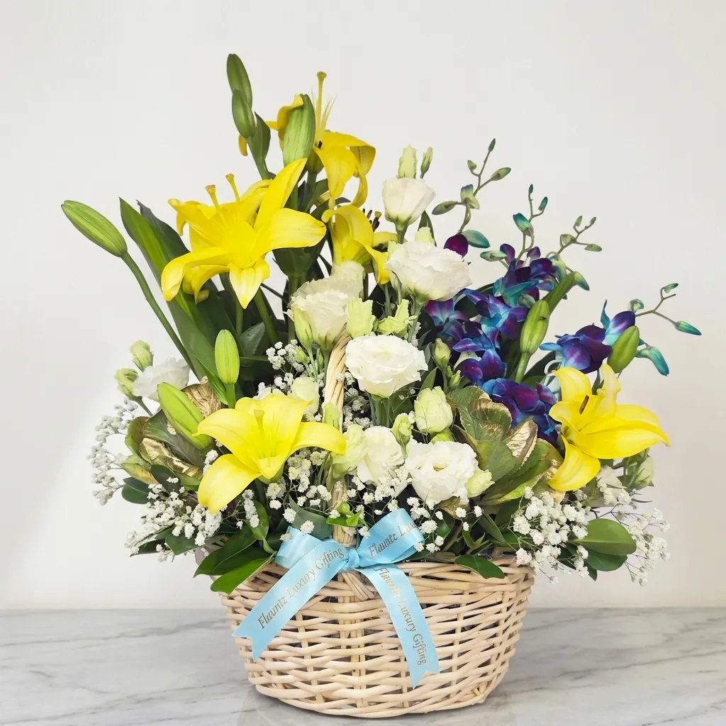 pr_10_Aug_2026_FLG369 Yellow And Blue Flower Basket - Image 1