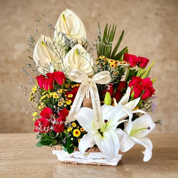 Elegant White And Red Flower Basket