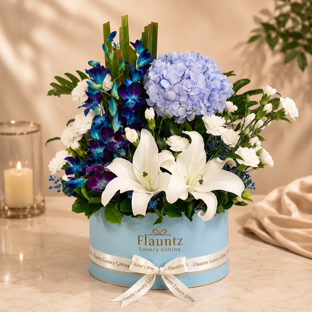 pr_10_Aug_2026_FLG385 Blue Hydrangea Lily Flower Box - Image 1