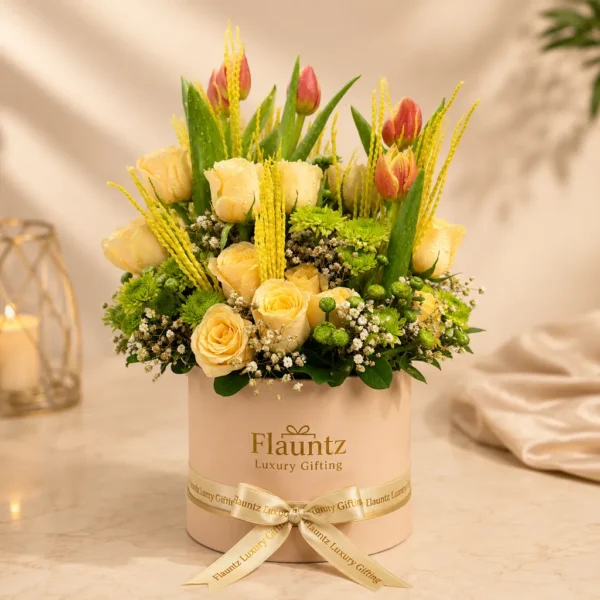 Yellow Roses And Tulips Flower Box