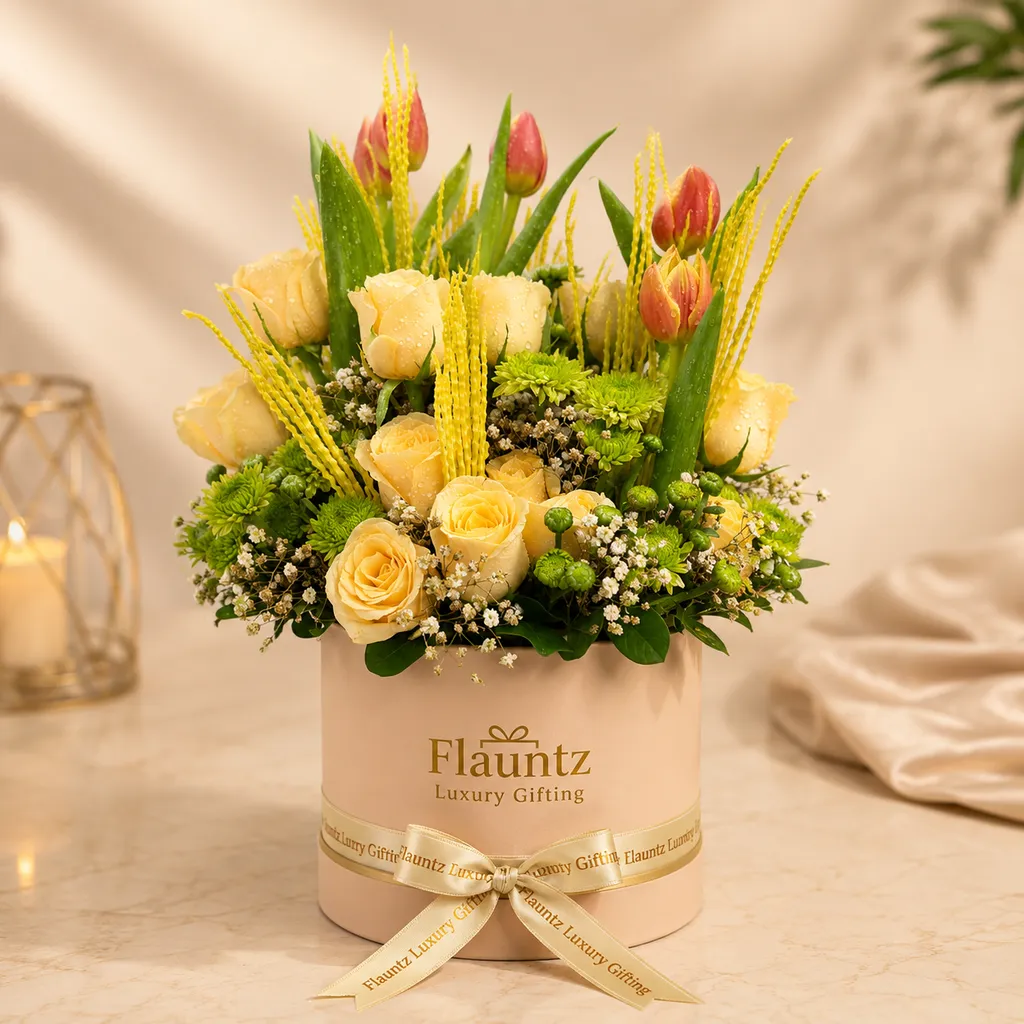 pr_10_Aug_2026_FLG386 Yellow Roses And Tulips Flower Box - Image 1