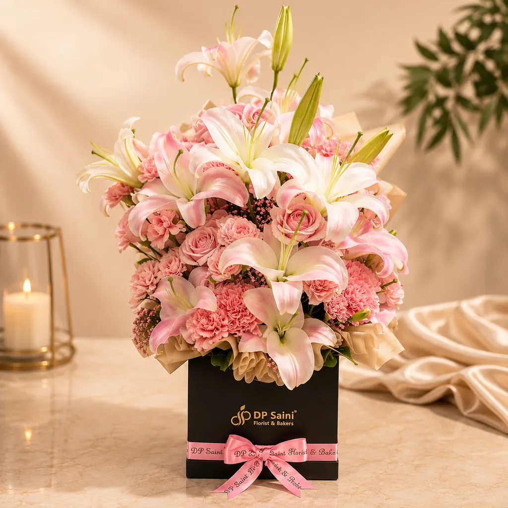 pr_10_Aug_2026_FLG389 Pink Lily And Rose Flower Box - Image 1
