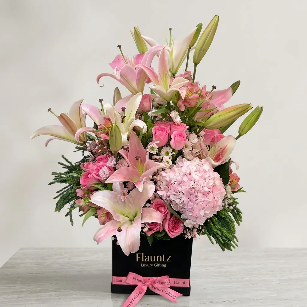 pr_10_Aug_2026_FLG391 Pink Lily And Rose Flower Box - Image 1