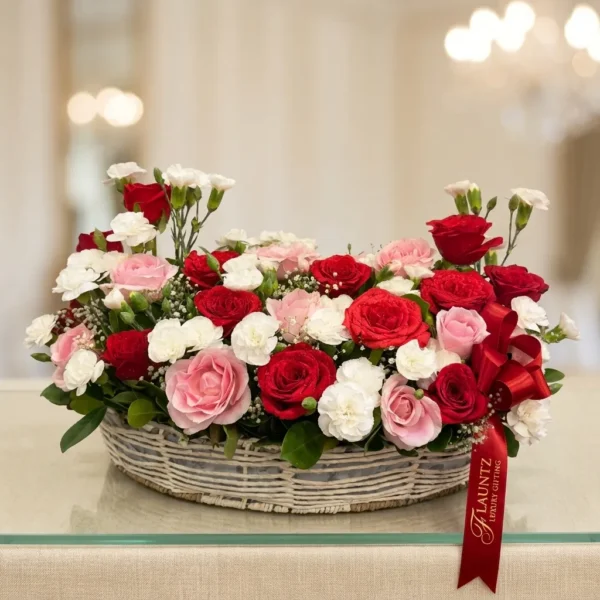 Romantic Red And Pink Rose Basket