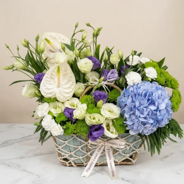 Blue Hydrangea Floral Basket Arrangement