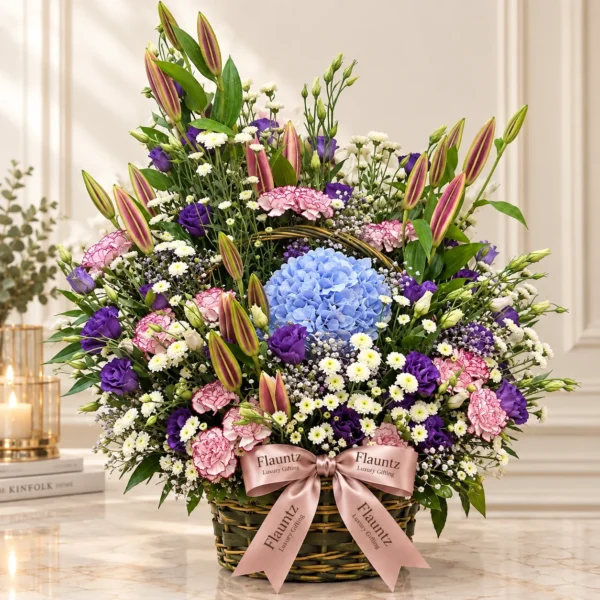 Blue Hydrangea Floral Basket Arrangement