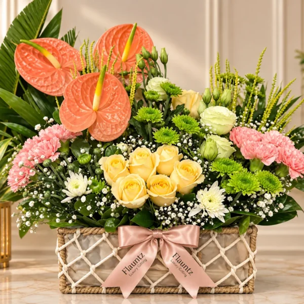 Tropical Peach Rose Flower Basket