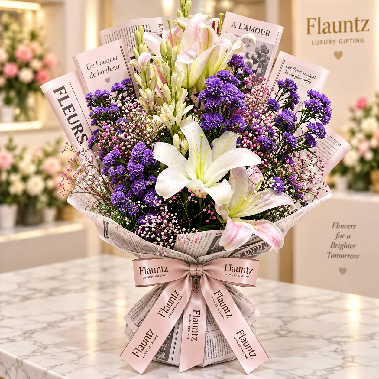 pr_21_Sep_2026_FLG432 Newspaper Wrapped Lily Bouquet - Image 1
