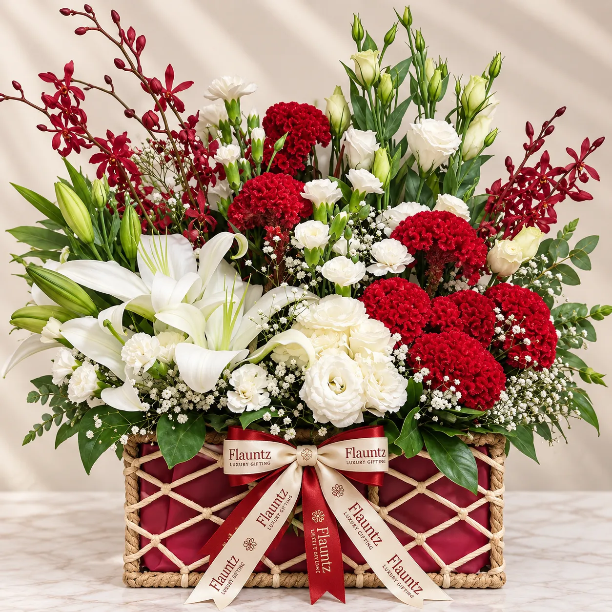 pr_28_Sep_2026_FLG440 Crimson White Luxury Flower Basket - Image 1