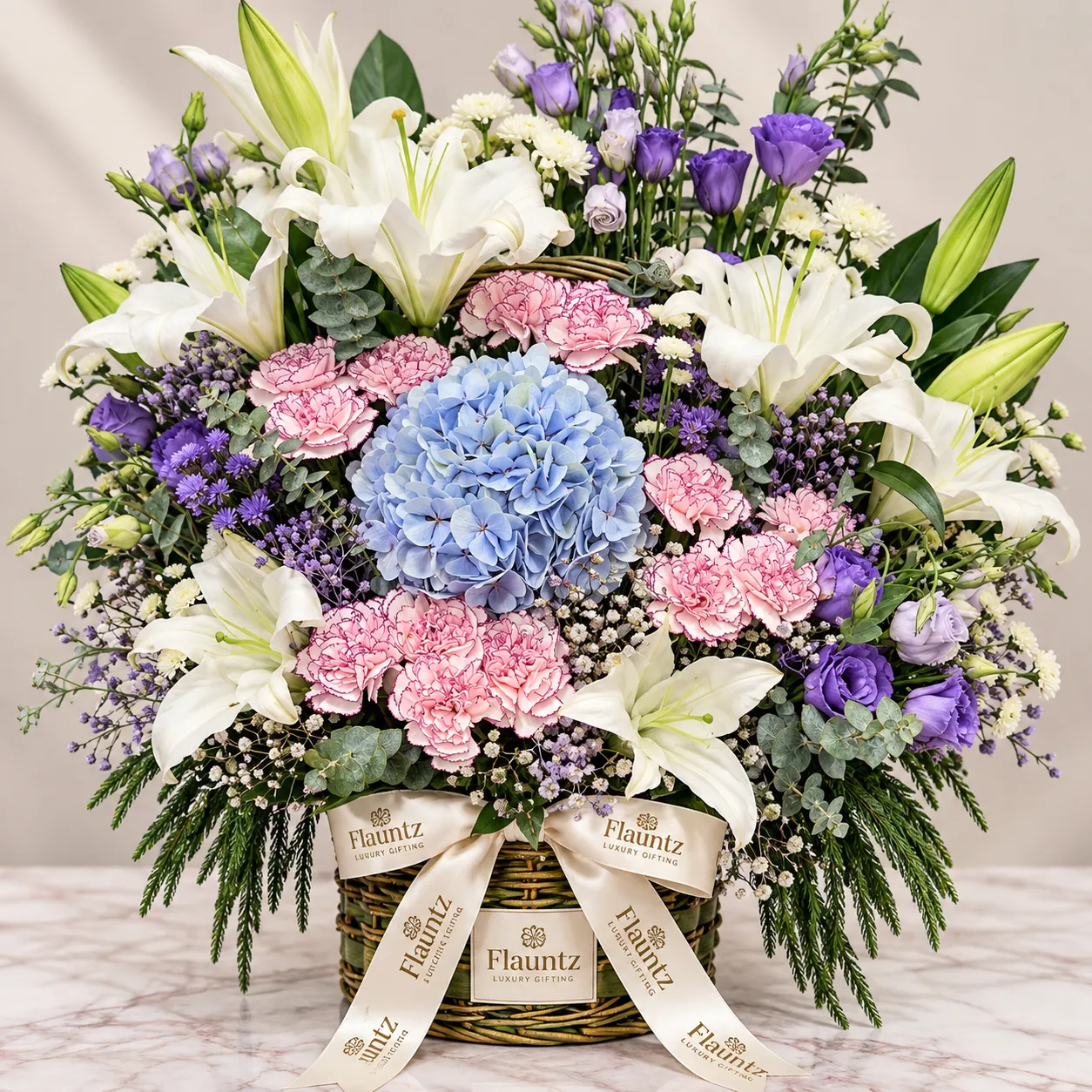 pr_28_Sep_2026_FLG441 Blue Hydrangea Lily Flower Basket - Image 1