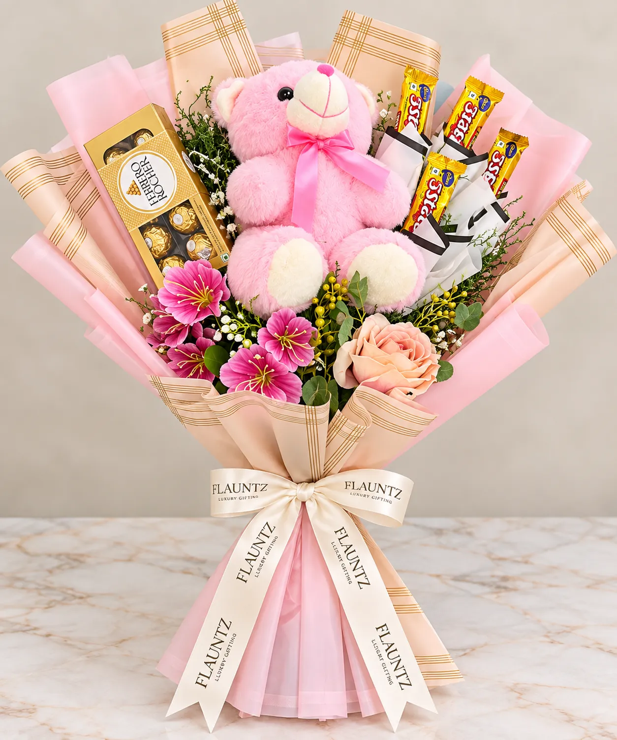 pr_28_Sep_2026_FLG460 Pink Bear Chocolate Flower Bouquet - Image 1